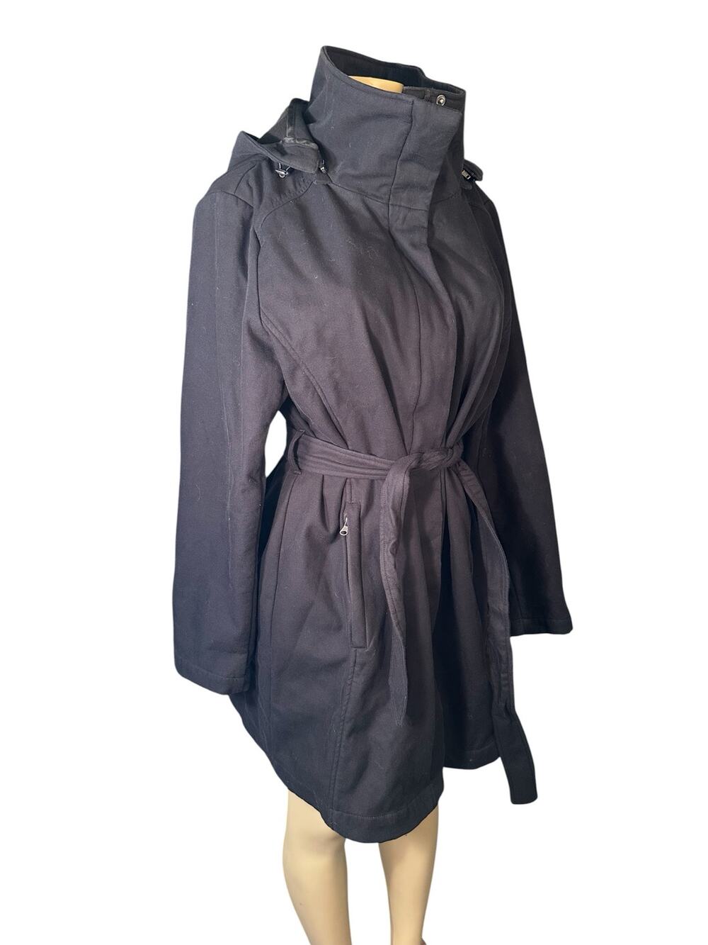 Women 1X Mia Melon Black Zip Hooded Cotton Rain Jacket Coat Belted Waterproof
